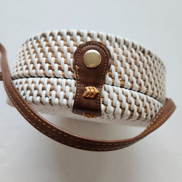ASOS Round White Brown Woven Canteen Crossbody Bag Boho Beach Tropical Festival - Picture 9 of 13